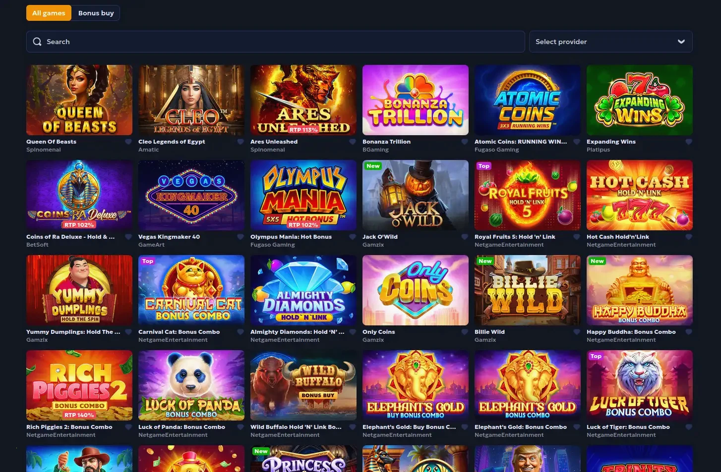 Interface du casino en ligne Betonred avec ses catégories de jeux